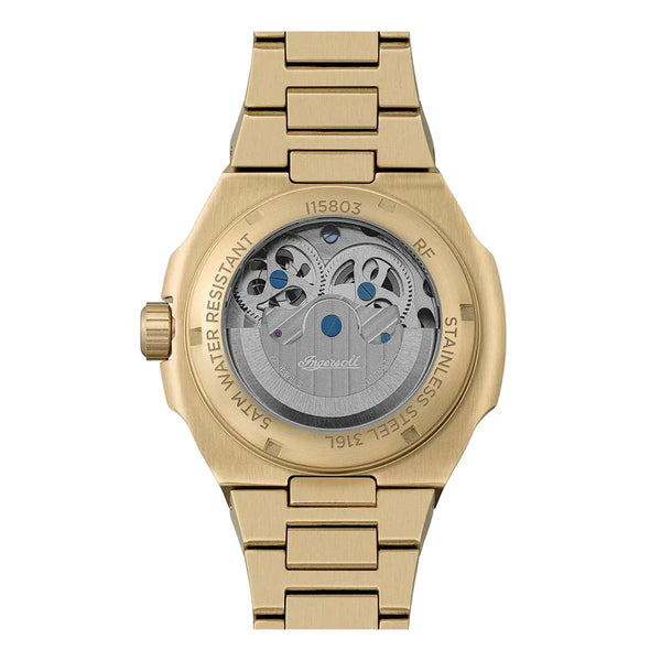 Gold watch with visible brand name on a white background