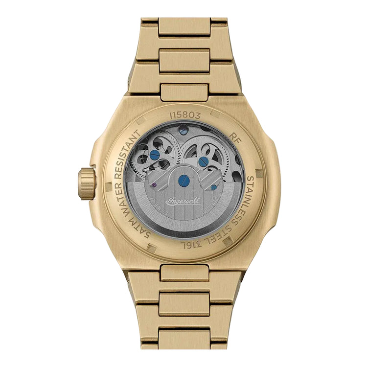 Gold watch with visible brand name on a white background