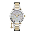 A Vivienne Westwood Mother Orb Two Tone Strap Watch with a stainless steel band, silver and gold colors, and a round iridescent dial featuring theorb logo.