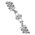 Close-up of a silver metal watch strap on a white background