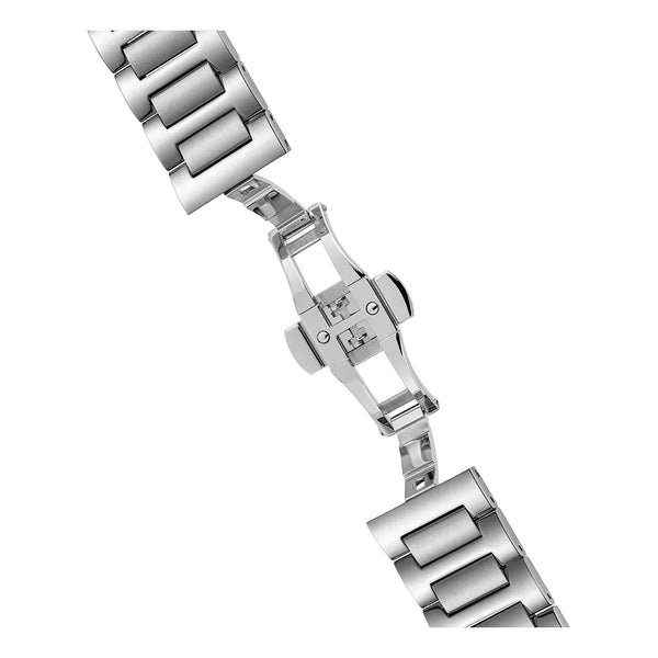 Close-up of a silver metal watch strap on a white background