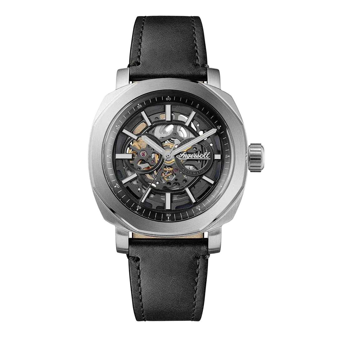 Watch with black leather strap and silver case on white background
