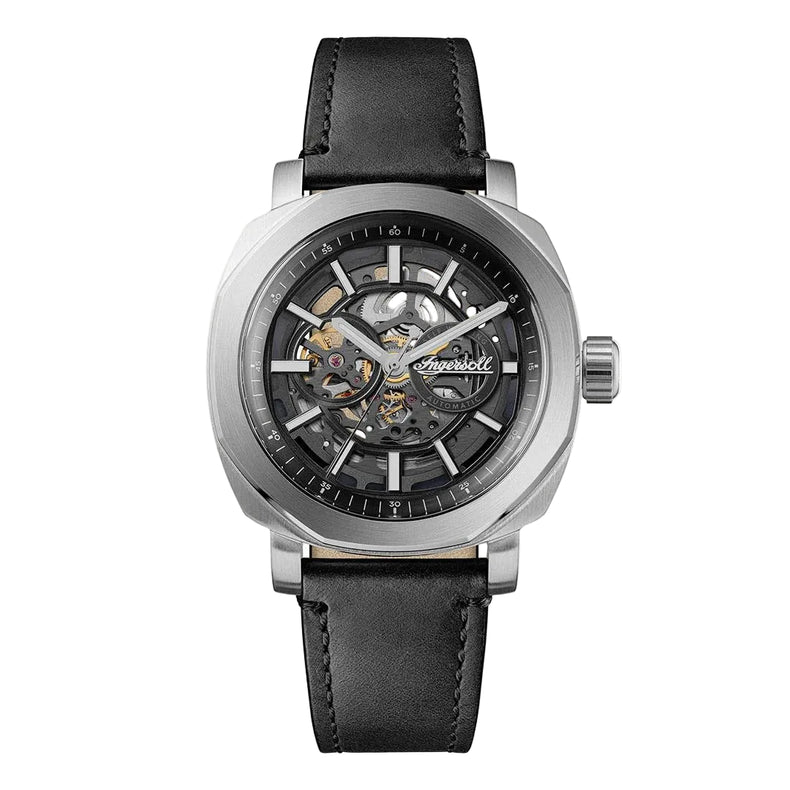 Watch with black leather strap and silver case on white background