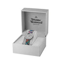 A Vivienne Westwood Time Machine watch with a colorful woven strap and silver-toned round dial, presented inside its light gray branded gift box.