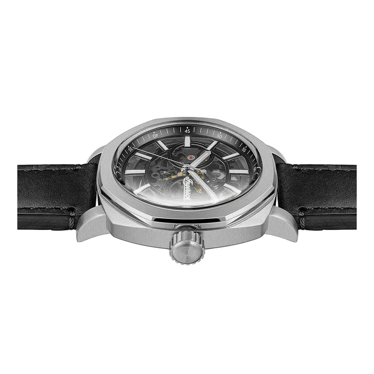 Silver watch with black leather strap on a white background