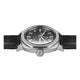 Silver watch with black leather strap on a white background