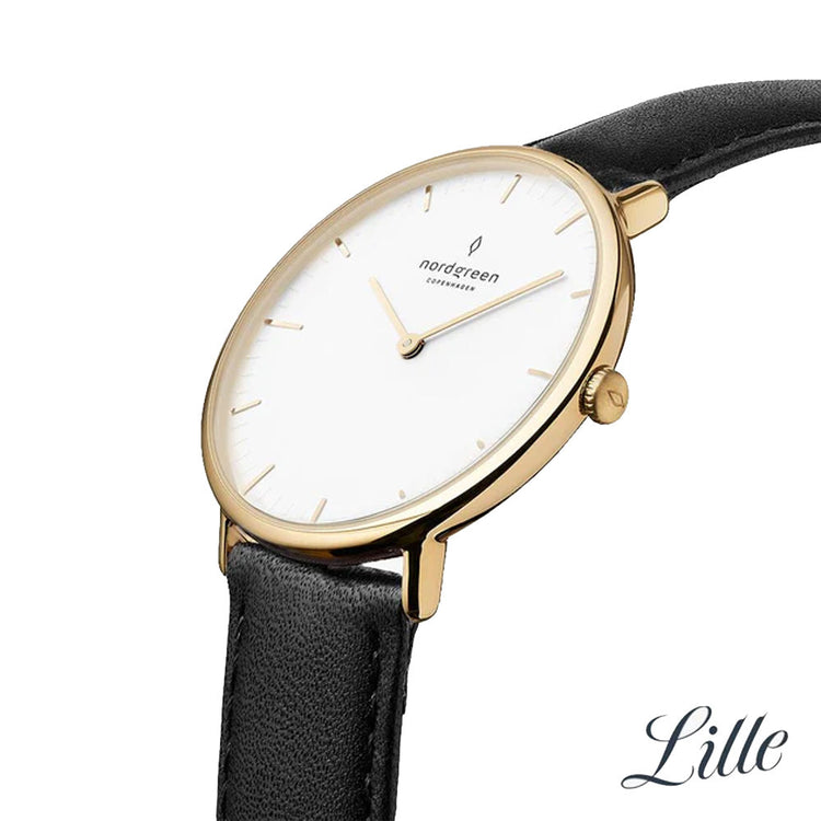 Nordgreen | Native Gold 40mm white dial black leather | NR40GOLEBLXX