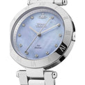 Silver watch with a blue face and visible brand logo on a white background