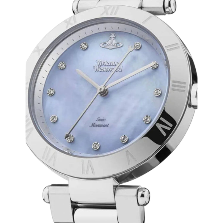 Silver watch with a blue face and visible brand logo on a white background