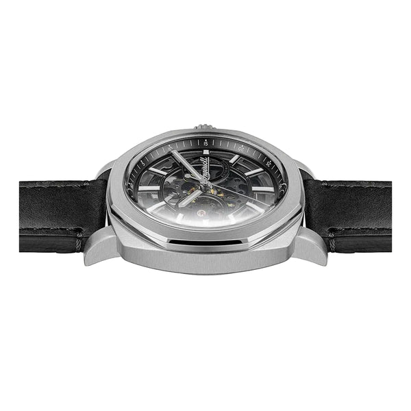 Silver watch with black leather strap on a white background
