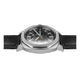 Silver watch with black leather strap on a white background