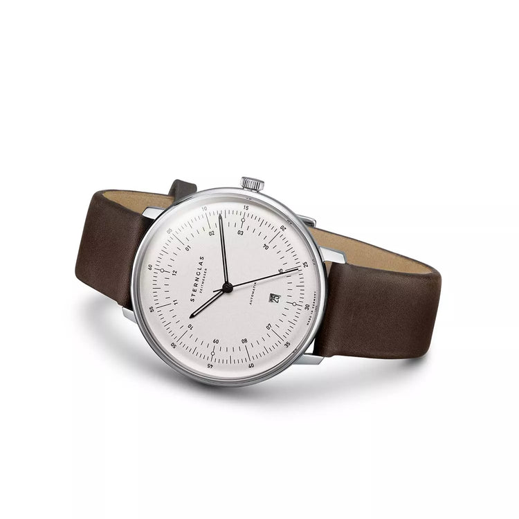 Sternglas | Hamburg Automatik silver 42mm white dial brown leather band | S02-HH10-PR04