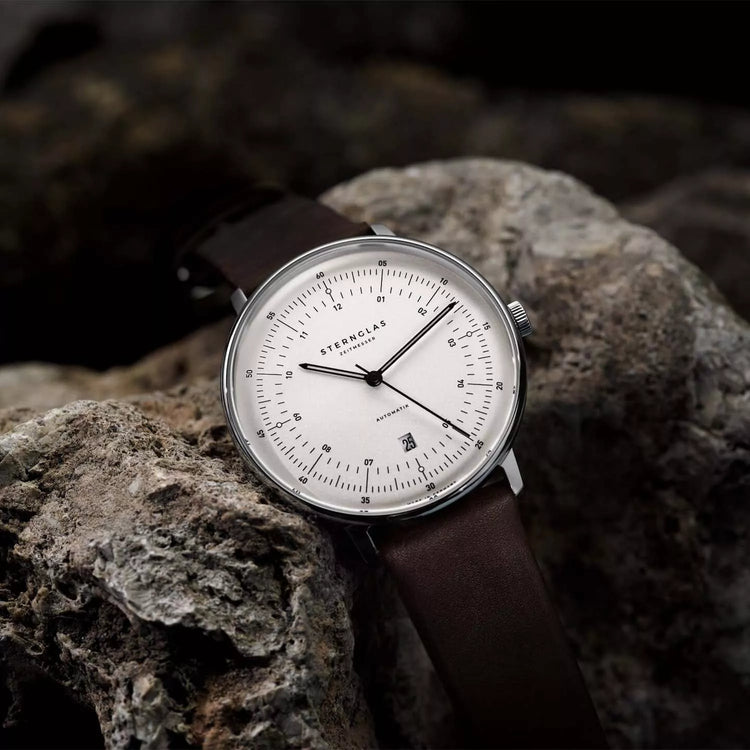 Sternglas | Hamburg Automatik silver 42mm white dial brown leather band | S02-HH10-PR04