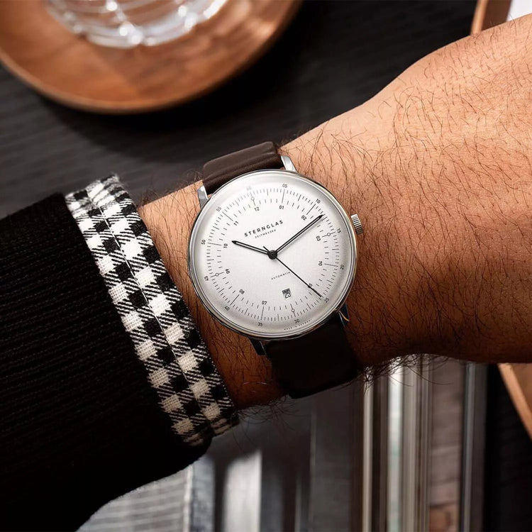 Sternglas | Hamburg Automatik silver 42mm white dial brown leather band | S02-HH10-PR04