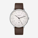 Watch with brown leather strap and white dial on a white background