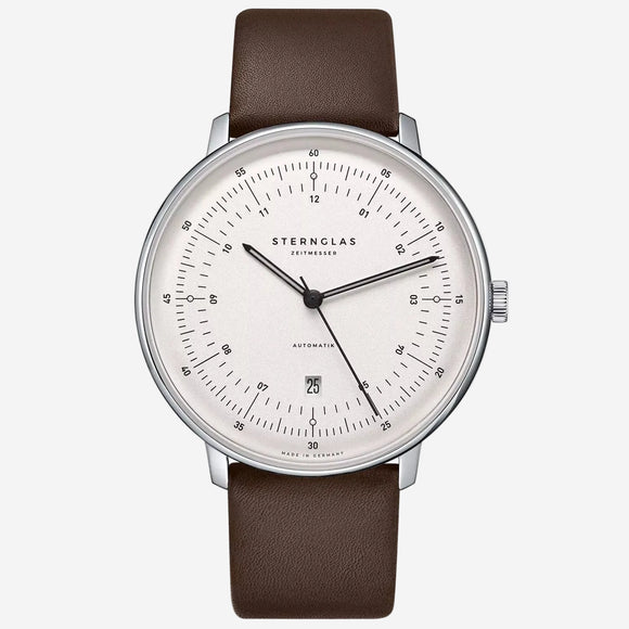Watch with brown leather strap and white dial on a white background