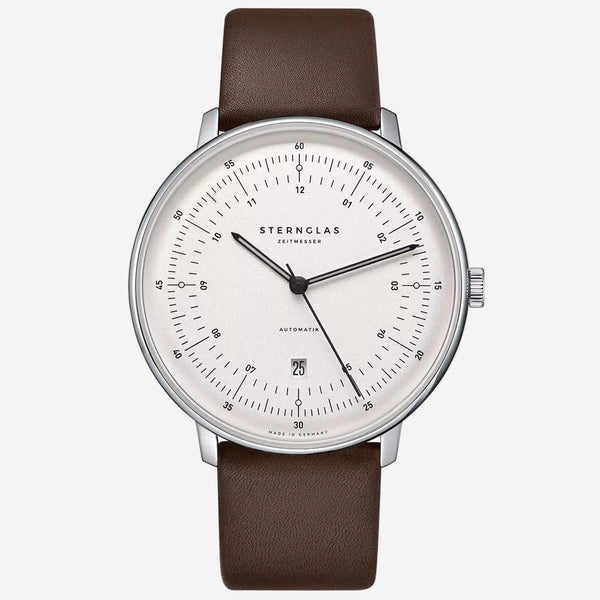Watch with brown leather strap and white dial on a white background