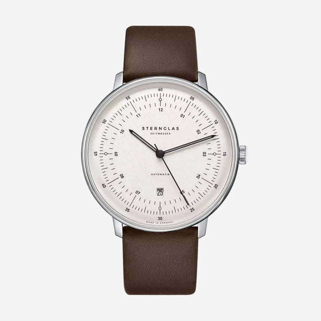Watch with brown leather strap and white dial on a white background