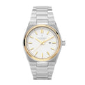 Silver and gold watch with a white face on a light gray background
