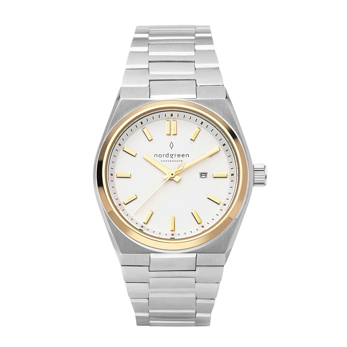 Silver and gold watch with a white face on a light gray background