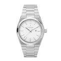 Silver wristwatch with a white face on a white background
