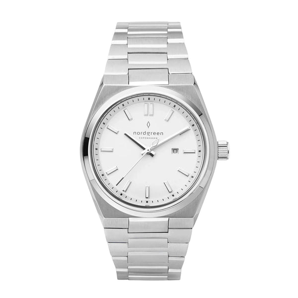 Silver wristwatch with a white face on a white background