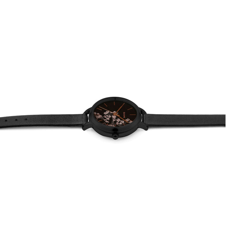 Oui&Me | Petite Fleurette floral black leather 32mm dial | ME010065