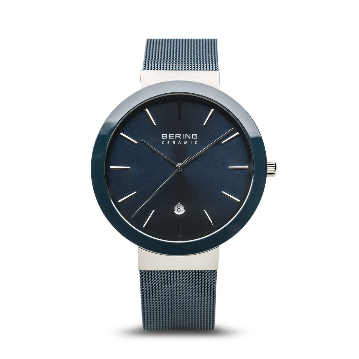 Bering | Ceramic polished silver navy blue 40mm dial and mesh | 11440-387