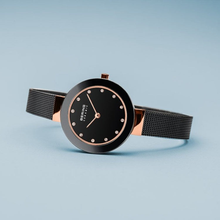 Bering | Ceramic polished rose gold black mesh band | 11429-166