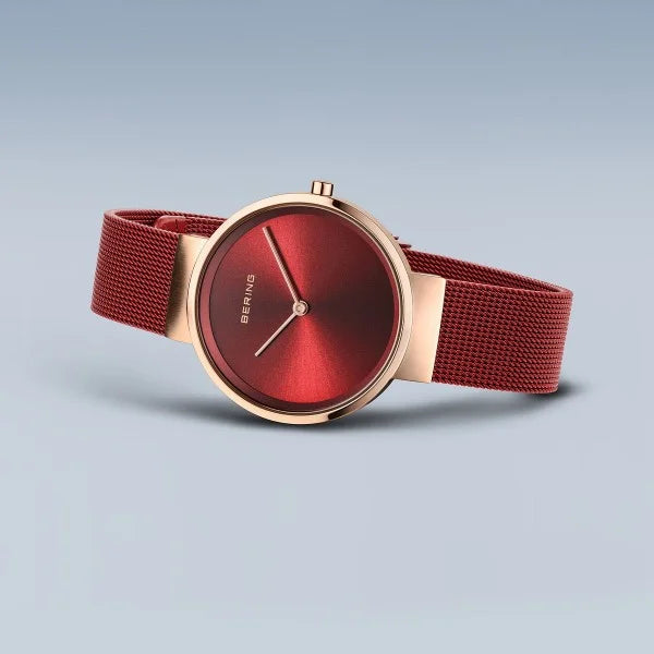 Bering | Classic brushed rose gold 31mm dial red mesh | 14531-363