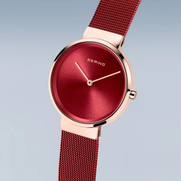 Bering | Classic brushed rose gold 31mm dial red mesh | 14531-363