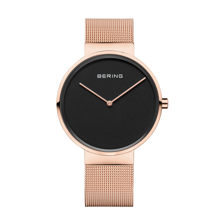 Bering | Classic rose gold 39mm black dial and gold mesh | 14539-362