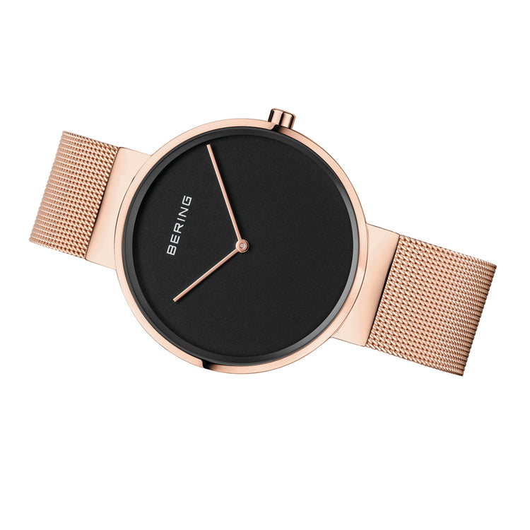 Bering | Classic rose gold 39mm black dial and gold mesh | 14539-362