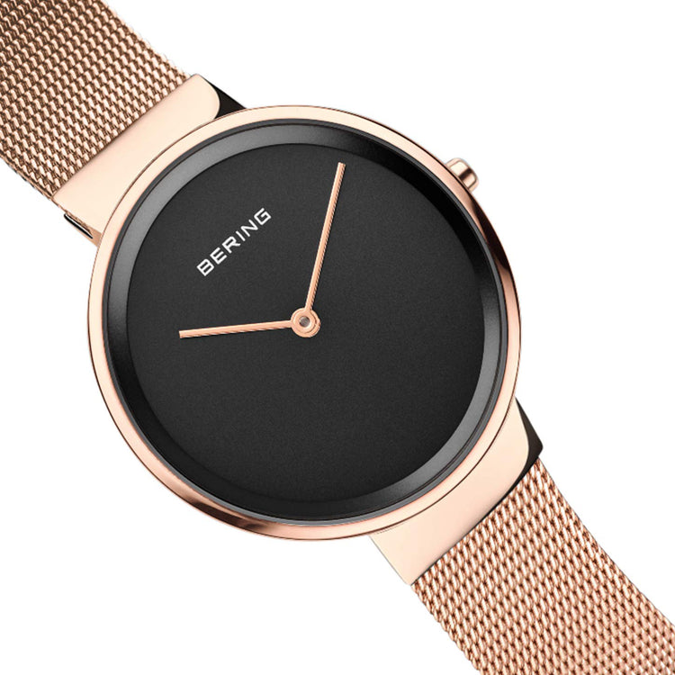 Bering | Classic rose gold 39mm black dial and gold mesh | 14539-362
