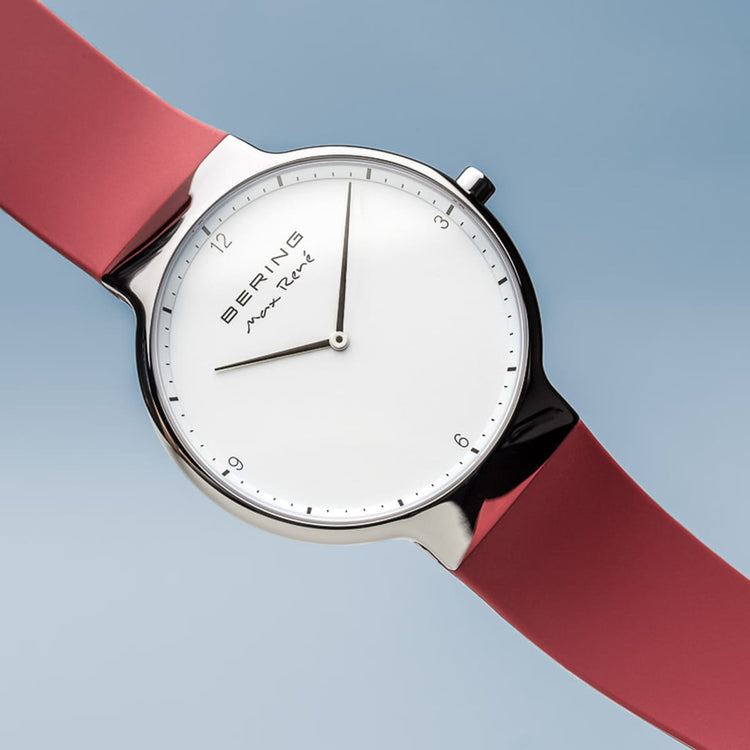 Bering | Max René polished silver 40mm dial with red silicone strap | 15540-500