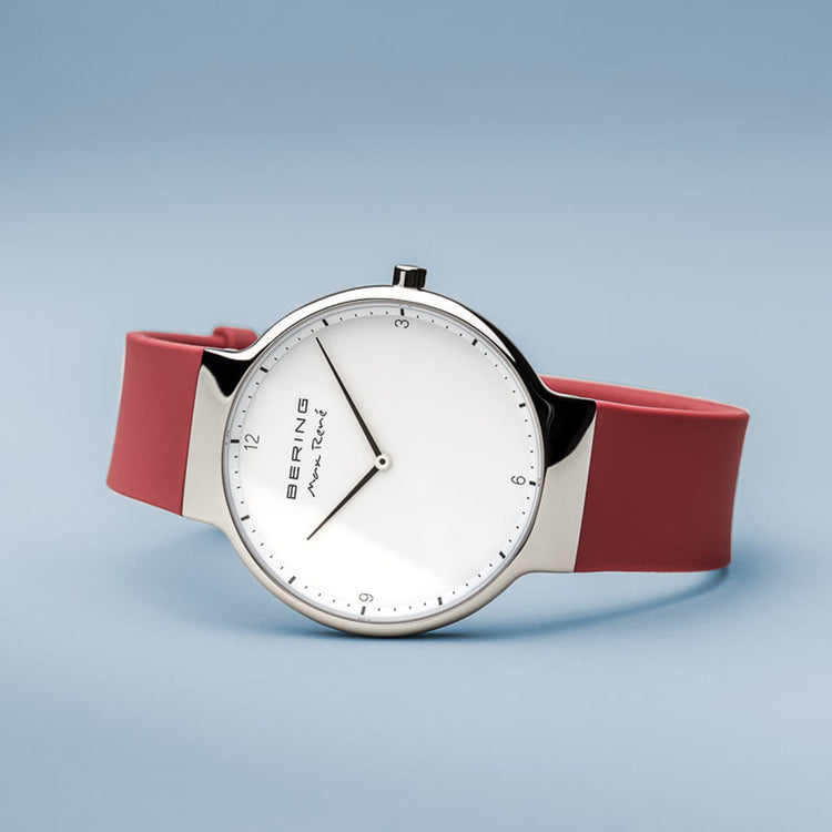 Bering | Max René polished silver 40mm dial with red silicone strap | 15540-500