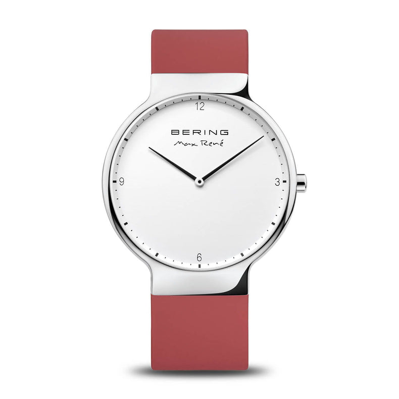 Bering | Max René polished silver 40mm dial with red silicone strap | 15540-500
