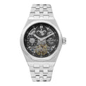 A silver Ingersoll Broadway automatic watch with a black dial and stainless steel bracelet.