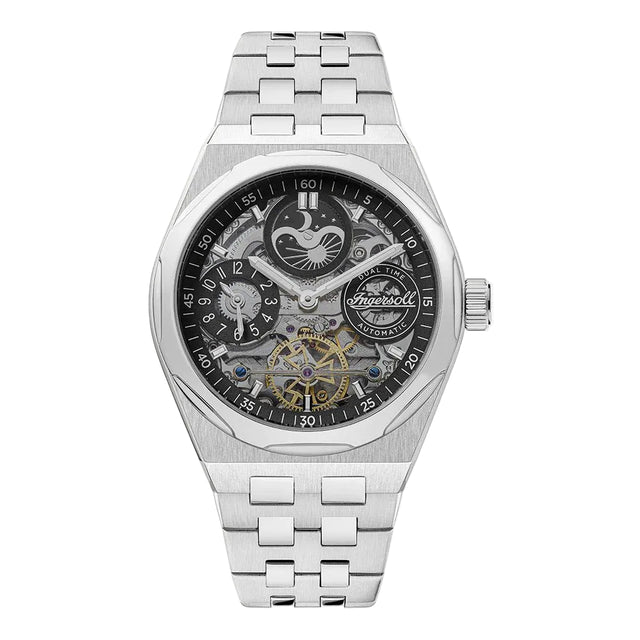 A silver Ingersoll Broadway automatic watch with a black dial and stainless steel bracelet.