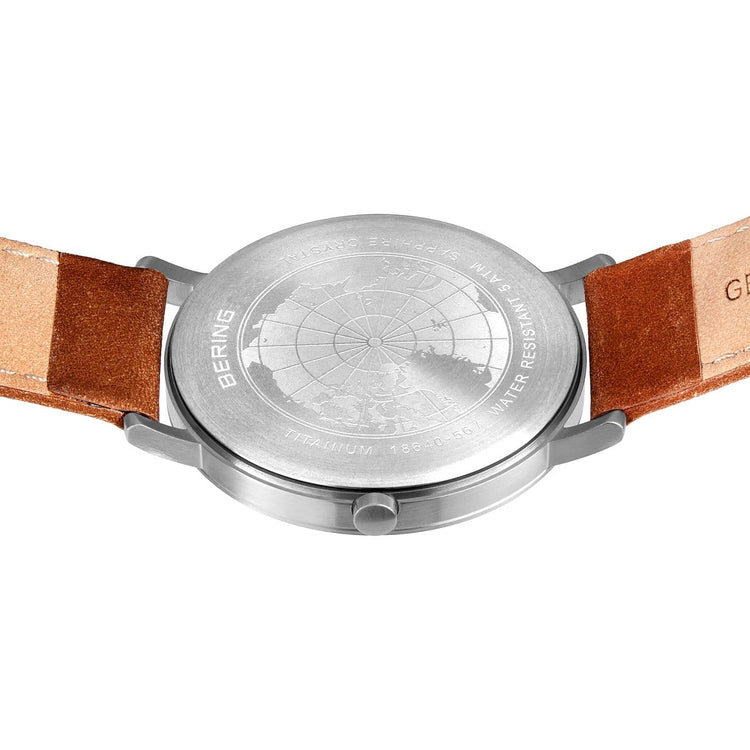 Bering | Titanium brushed silver blue 40mm dial leather band | 18640-567
