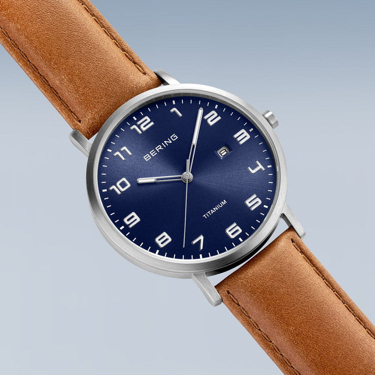 Bering | Titanium brushed silver blue 40mm dial leather band | 18640-567