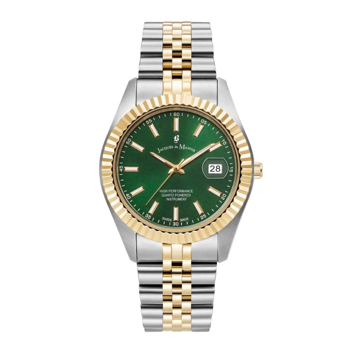 A two-tone Jacques Du Manoir Inspiration Business watch with a green dial and a silver stainless steel bracelet.