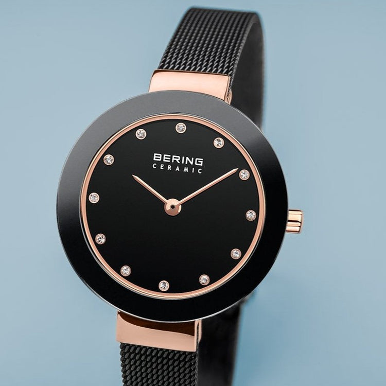 Bering | Ceramic polished rose gold black mesh band | 11429-166