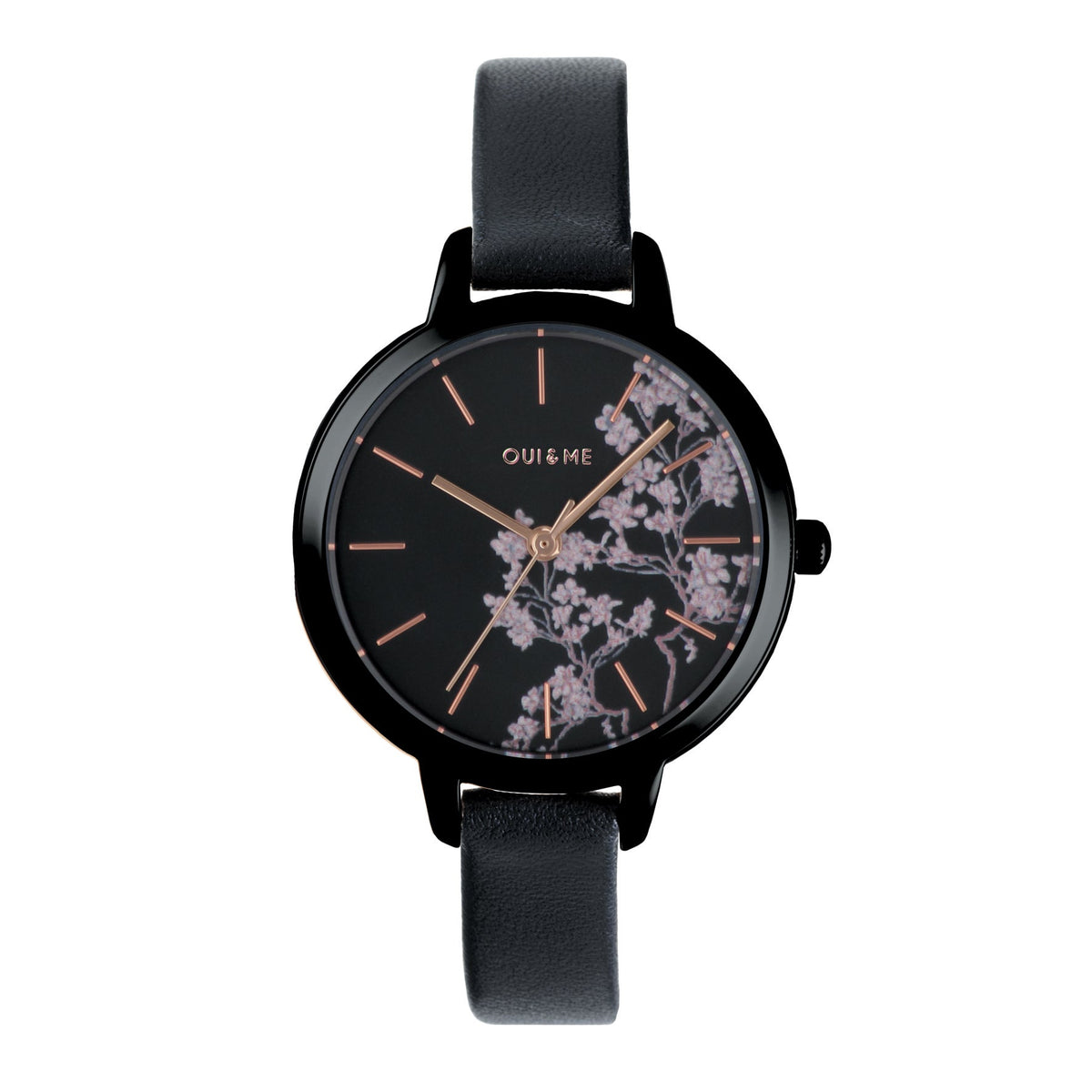 Oui&Me | Petite Fleurette floral black leather 32mm dial | ME010065