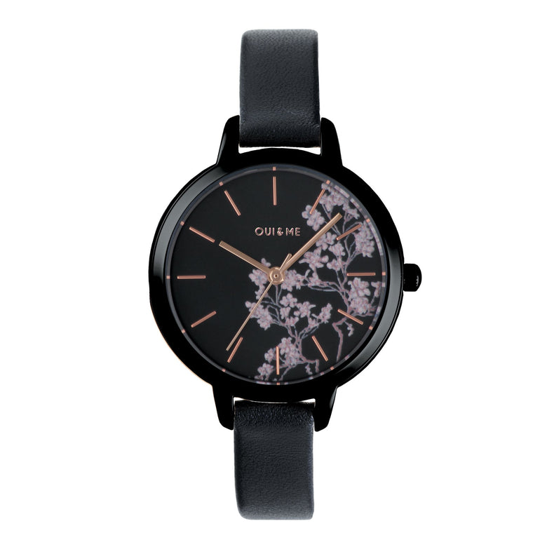 Oui&Me | Petite Fleurette floral black leather 32mm dial | ME010065