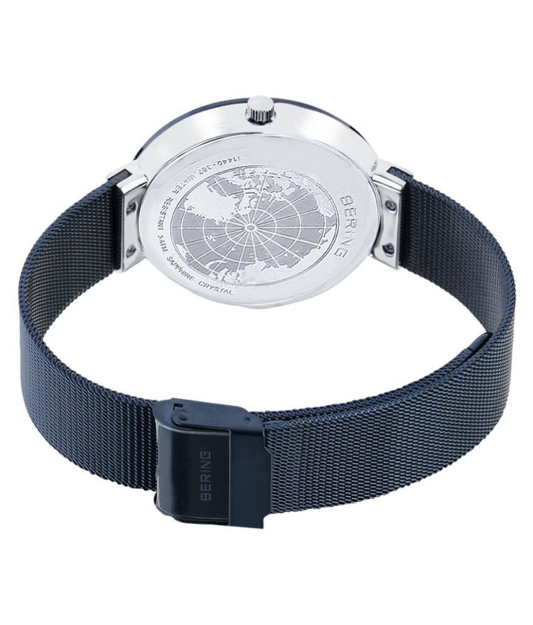 Bering | Ceramic polished silver navy blue 40mm dial and mesh | 11440-387