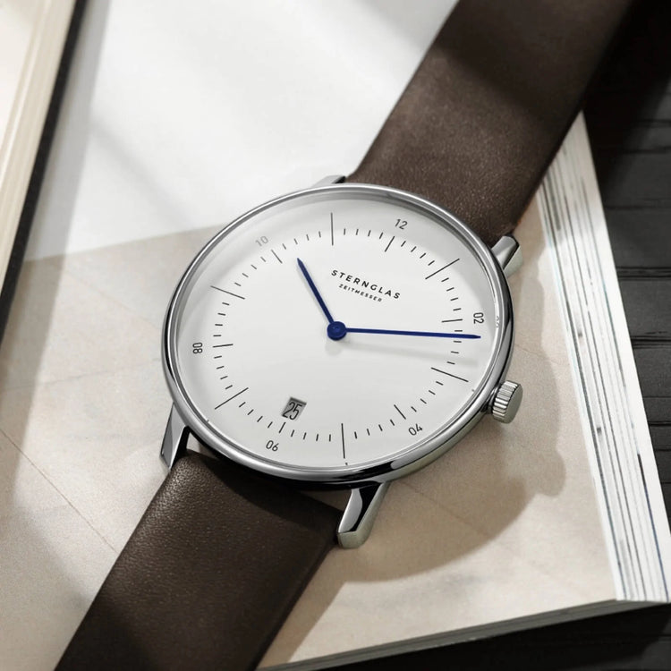 Sternglas | Naos white 38mm dial dark brown leather band | S01-NA44-PR04