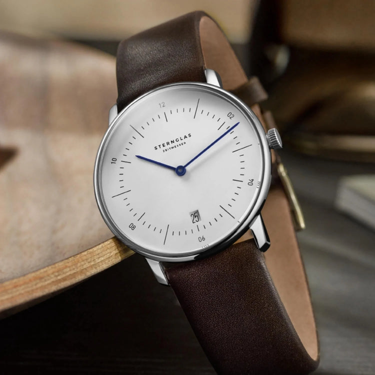 Sternglas | Naos white 38mm dial dark brown leather band | S01-NA44-PR04