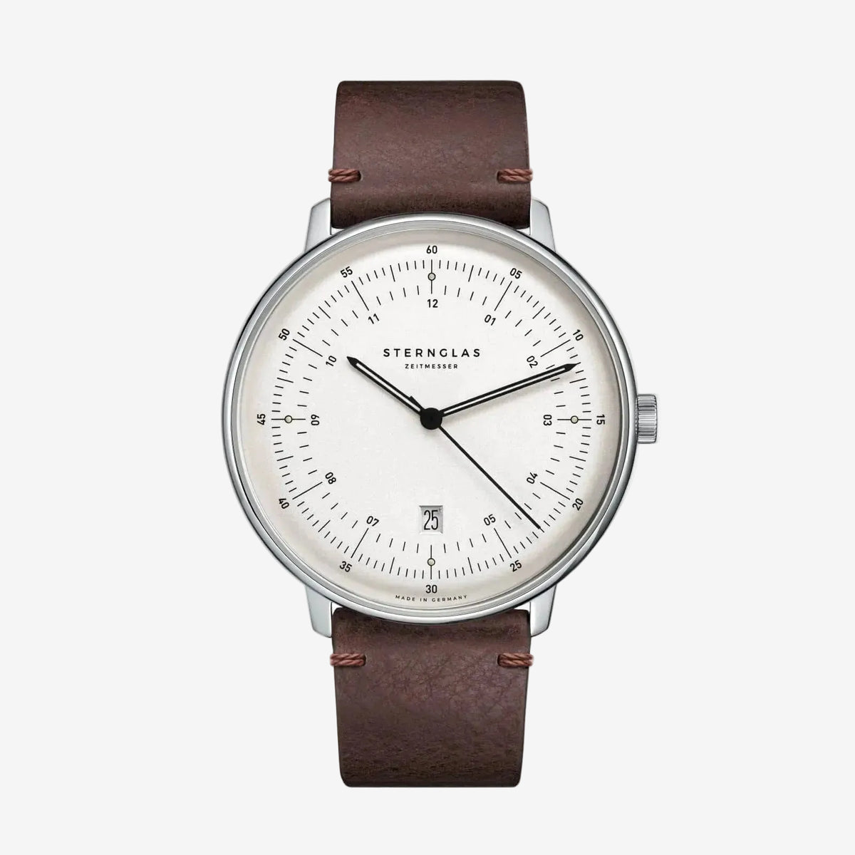 Sternglas watch with a brown leather strap, silver-toned case, and a white dial with black markings and hands, shown against a plain white background.
