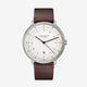 Sternglas watch with a brown leather strap, silver-toned case, and a white dial with black markings and hands, shown against a plain white background.